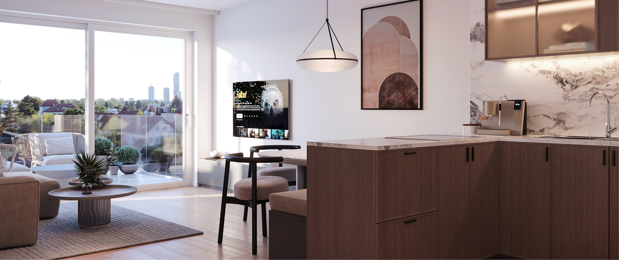 Apartment mit offener Küche, gemütlichem Wohnbereich und Balkon mit Stadtblick.