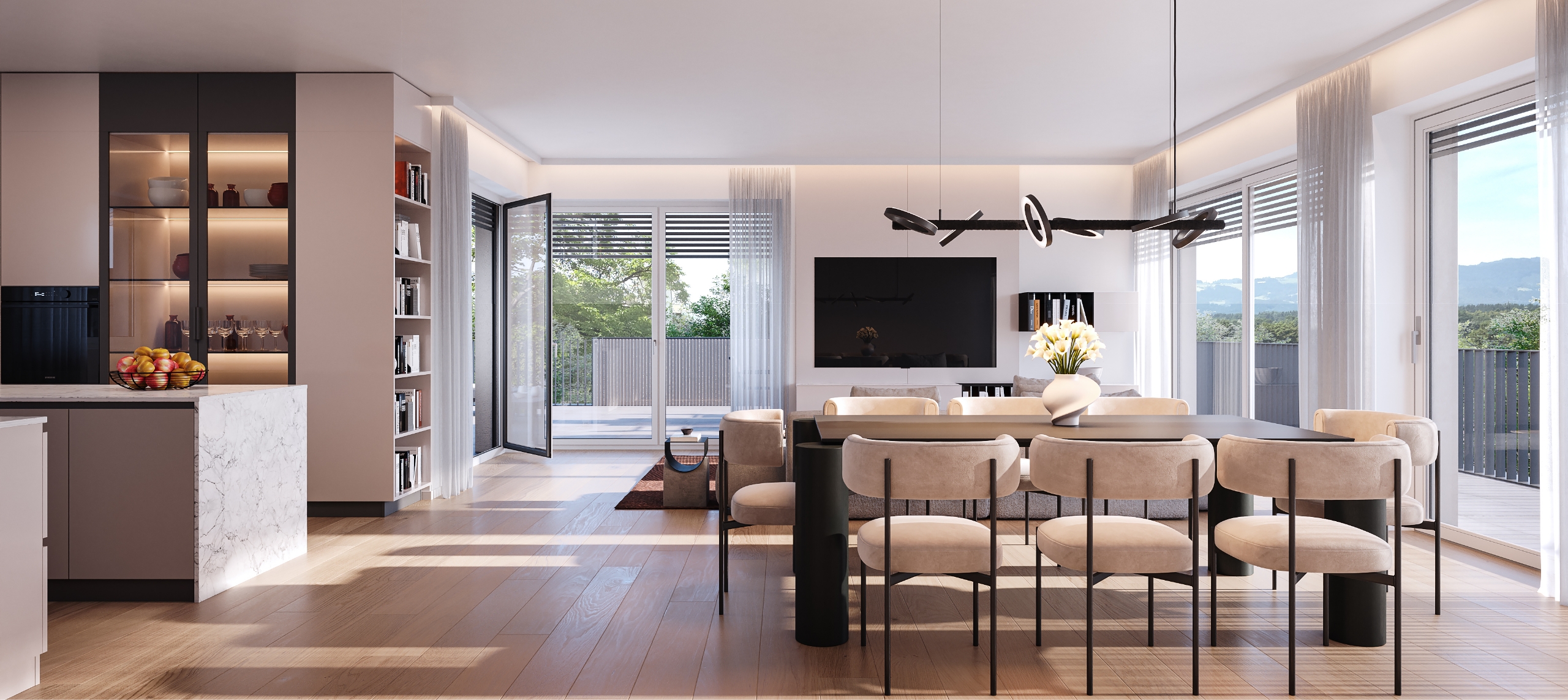 Helles, modernes Wohn- und Esszimmer mit großer Fensterfront, hochwertiger Küche und Zugang zur Terrasse.